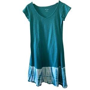 Columbia Daisy Fields Teal Tie Dye V Neck 100% Cotton Tee Shirt Dress Size XS